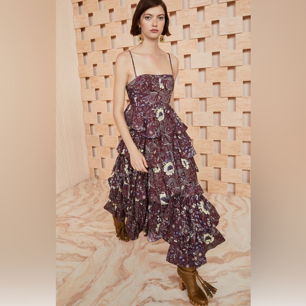 Ulla Johnson Floral Tiered Maxi Dress in Deep Plum and Cream